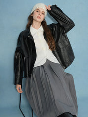 DUSHU Retro Edgy Vibe 2025 Women's Two-Tone Faux Leather Jacket - Vintage Inspired Cropped Biker Coat for Office Casual