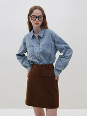 FSLE Deep Blue Soft Denim Shirt Women's Autumn Winter Long Sleeved Retro Casual Layered Shirt Blue Women Tops For Work