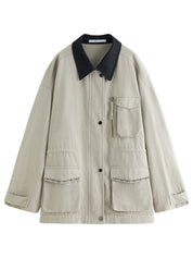 FSLE 2025 Women's Vintage Utility Jacket - Short Cropped Contrast Collar Autumn Casual Coat with Retro Design & Relaxed Fit