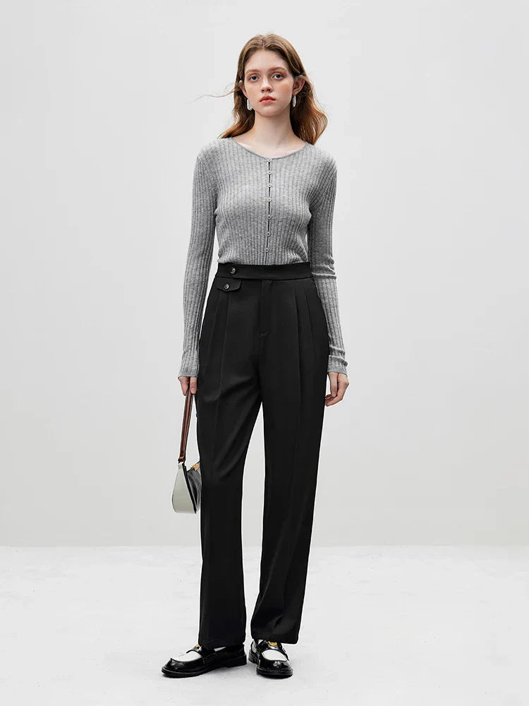 FSLE All-match Commuter Style Simple Sense Straight-leg Trousers for Women Waist Design Autumn New Inverted Pleated Pants Female