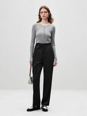 FSLE All-match Commuter Style Simple Sense Straight-leg Trousers for Women Waist Design Autumn New Inverted Pleated Pants Female