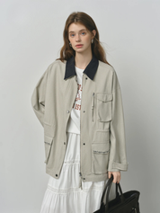 Vintage Utility Jacket with Contrast Collar