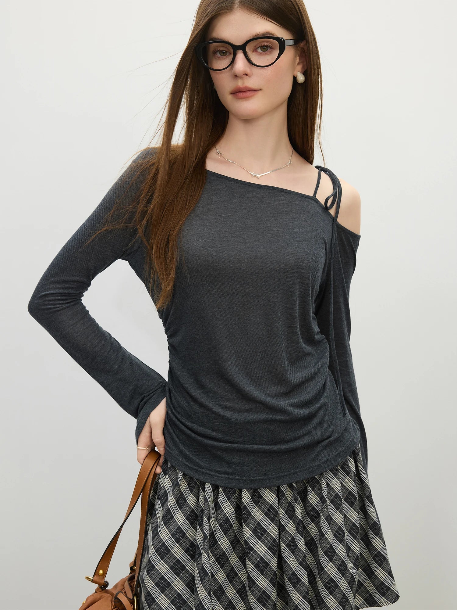 FSLE 2025 Summer Women's Off-Shoulder Top - Tencel-Acetate Linen Blend & Adjustable Tie for Sun Protection Chic Tee