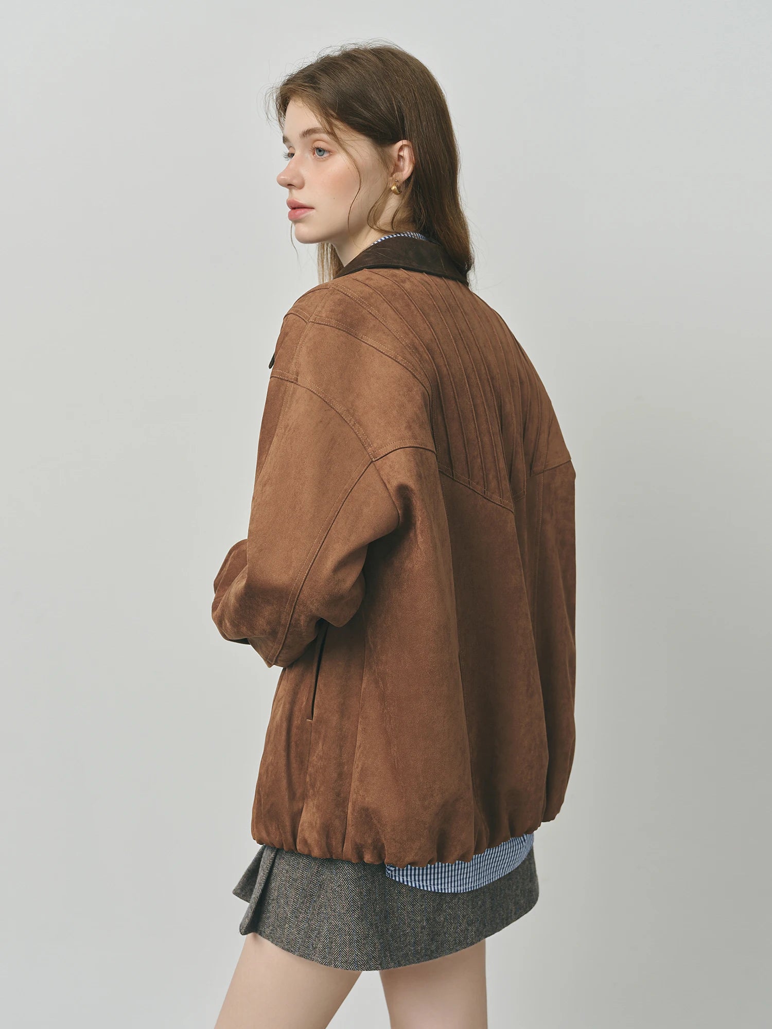 FSLE Retro Style Maillard Suede Long Sleeves Jacket for Women 2025 Autumn New Arrival Contrast Color Lapel Chic Coat 25FS13162