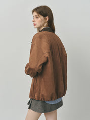 FSLE Retro Style Maillard Suede Long Sleeves Jacket for Women 2025 Autumn New Arrival Contrast Color Lapel Chic Coat 25FS13162