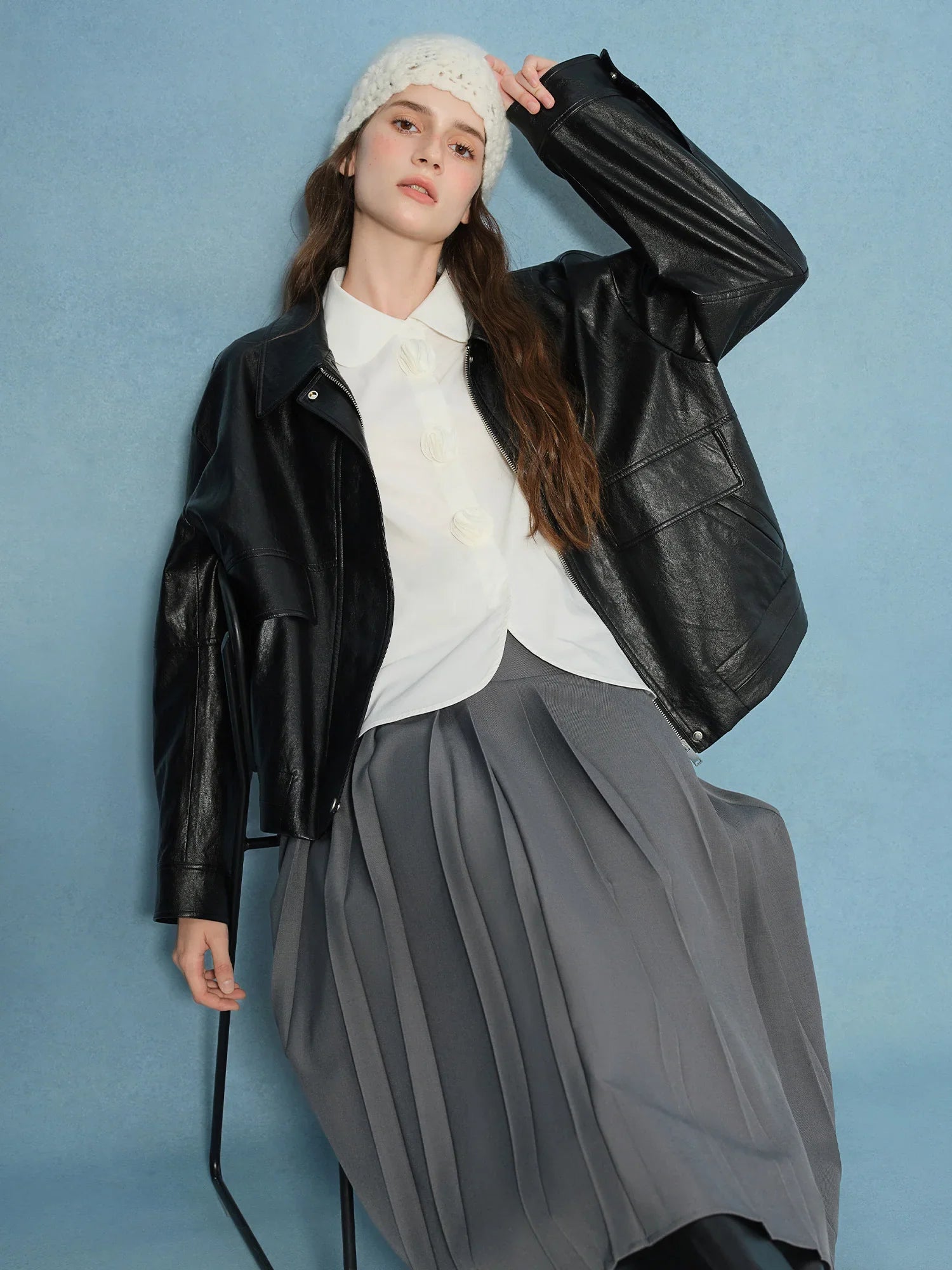​DUSHU Retro Edgy Vibe 2025 Women's Two-Tone Faux Leather Jacket - Vintage Inspired Cropped Biker Coat for Office Casual