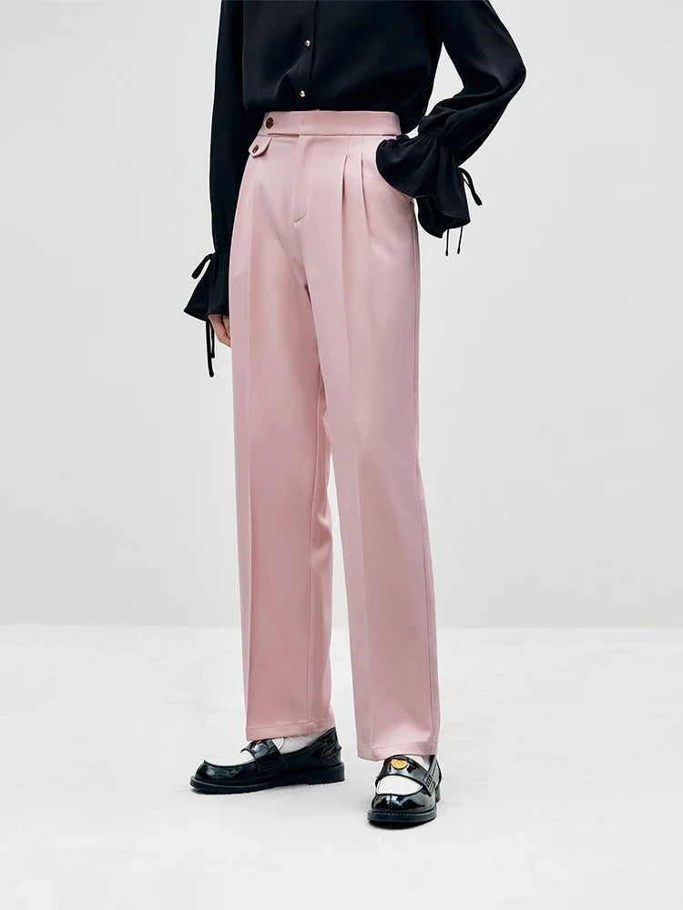 FSLE All-match Commuter Style Simple Sense Straight-leg Trousers for Women Waist Design Autumn New Inverted Pleated Pants Female