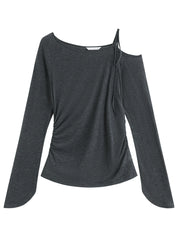 FSLE 2025 Summer Women's Off-Shoulder Top - Tencel-Acetate Linen Blend & Adjustable Tie for Sun Protection Chic Tee