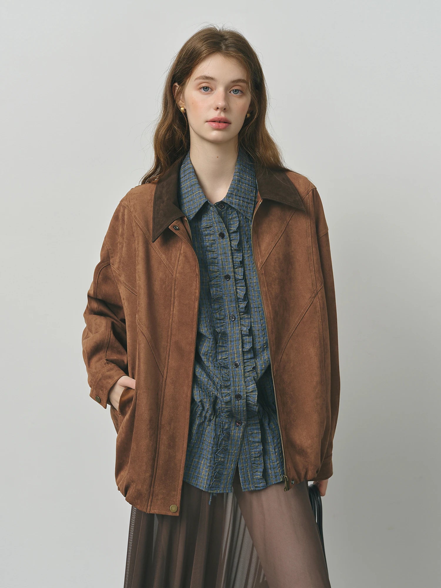 FSLE Retro Style Maillard Suede Long Sleeves Jacket for Women 2025 Autumn New Arrival Contrast Color Lapel Chic Coat 25FS13162