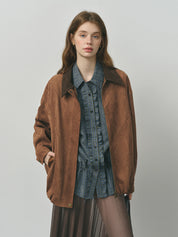 FSLE Retro Style Maillard Suede Long Sleeves Jacket for Women 2025 Autumn New Arrival Contrast Color Lapel Chic Coat 25FS13162