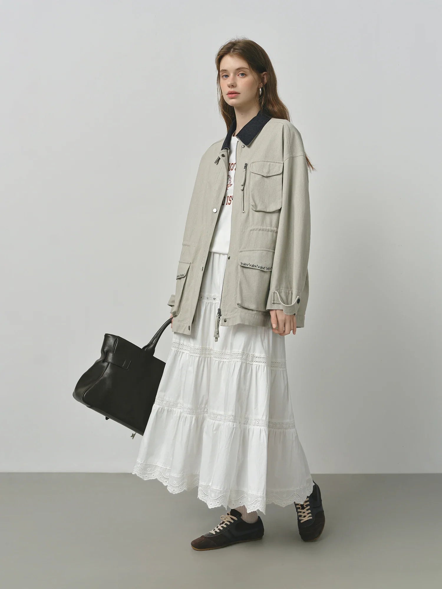 ​FSLE 2025 Women's Vintage Utility Jacket - Short Cropped Contrast Collar Autumn Casual Coat with Retro Design & Relaxed Fit​