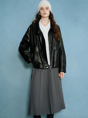 ​DUSHU Retro Edgy Vibe 2025 Women's Two-Tone Faux Leather Jacket - Vintage Inspired Cropped Biker Coat for Office Casual