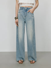 FSLE【Premium Series】 Vintage Wash Distressed Jeans Women's SS25 Relaxed Straight Leg Summer Denim Pants Y2K Casual Streetwear