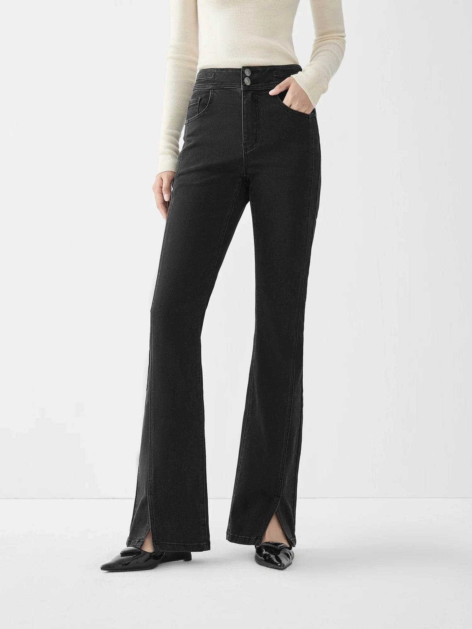 FSLE 69.4% Cotton High Waist Flared Pants for Women 2024 Winter New Design Style Split Versatile Jeans Chic Trouser 24FS14496