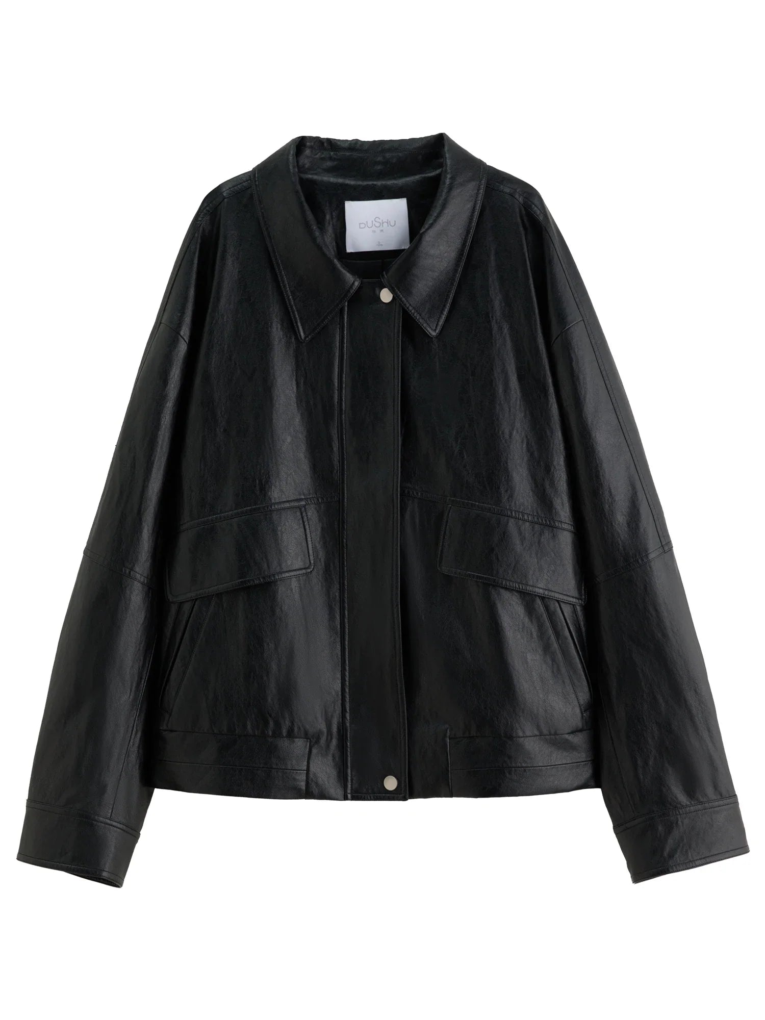 ​DUSHU Retro Edgy Vibe 2025 Women's Two-Tone Faux Leather Jacket - Vintage Inspired Cropped Biker Coat for Office Casual