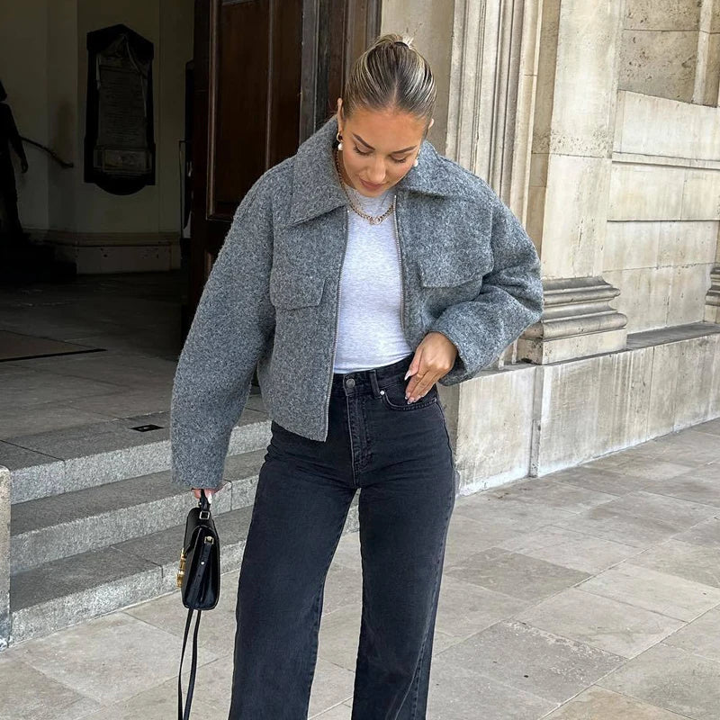 MUJER Tweed Cropped Jackets for Women Zip Bomber Jacket Woman Long Sleeve Jackets Woman 2024 Streetwear New in Coats and Jackets
