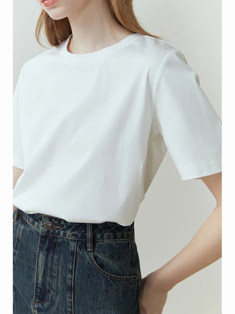 FSLE 100% Cotton Short-Sleeved T-Shirt Women'S Spring Summer 2023 New Round Neck Straight White Black Top For Women