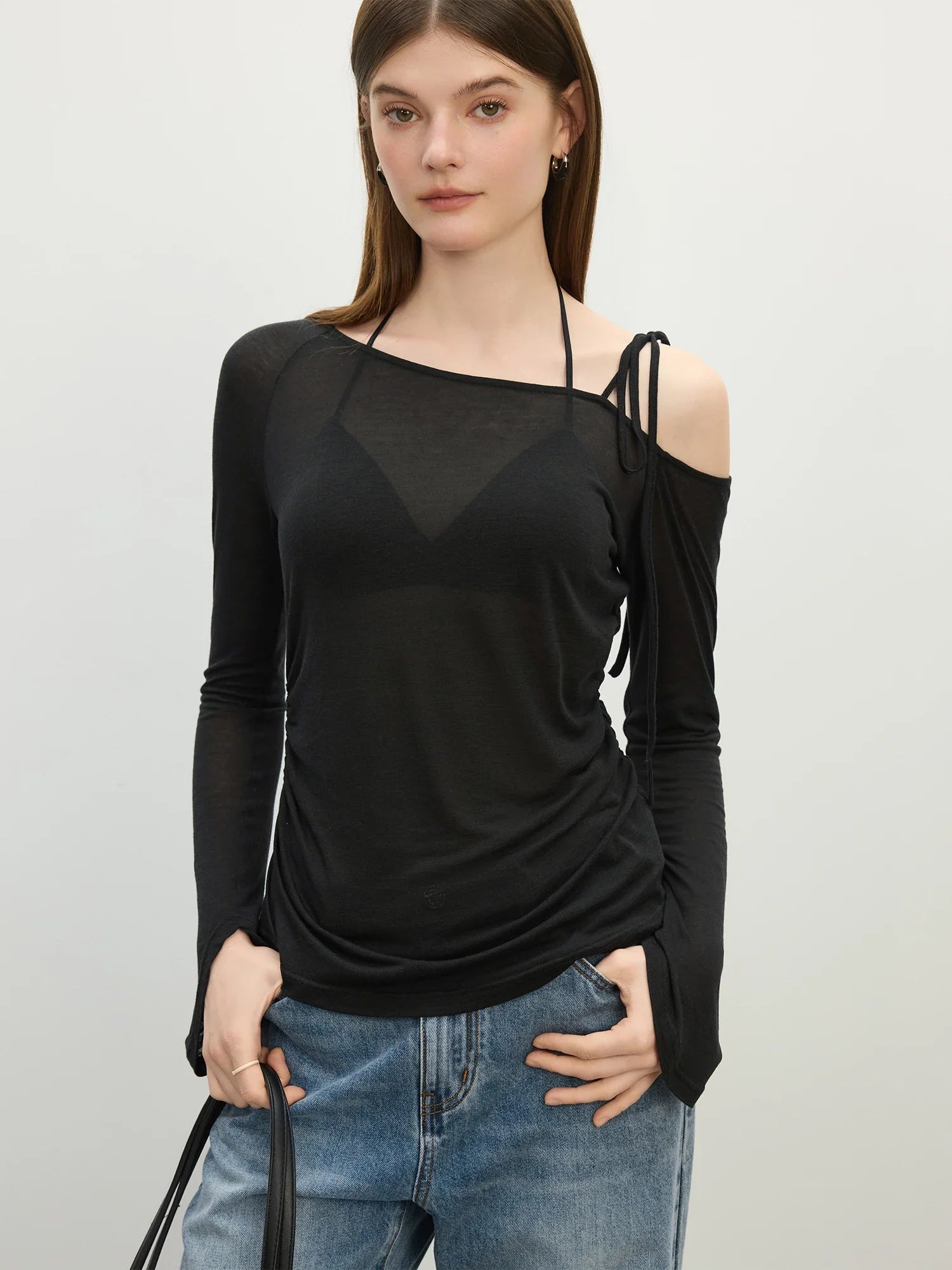 FSLE 2025 Summer Women's Off-Shoulder Top - Tencel-Acetate Linen Blend & Adjustable Tie for Sun Protection Chic Tee