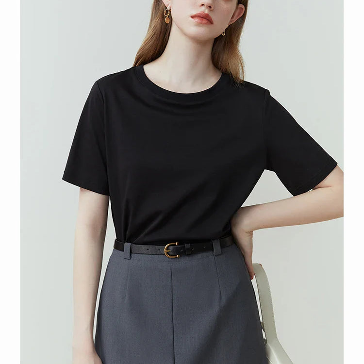 FSLE 100% Cotton Short-Sleeved T-Shirt Women'S Spring Summer 2023 New Round Neck Straight White Black Top For Women
