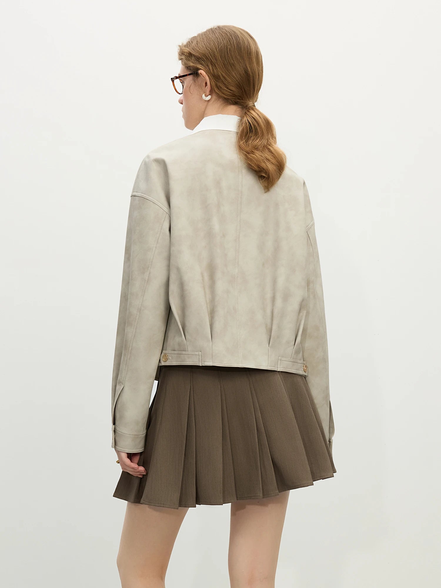 FSLE Women Spring PU Leather Short Jackets Casual Round Neck Drop Sleeve Coats 2025 Spring Grey Female Pu Coat 25FS11159