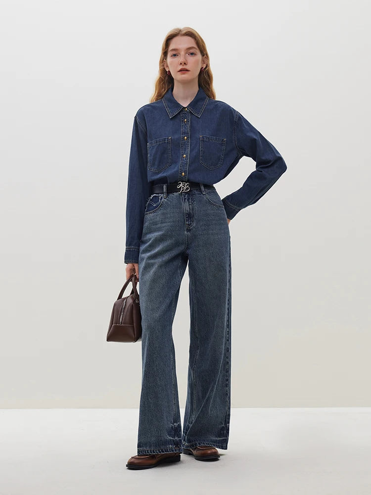 FSLE Deep Blue Soft Denim Shirt Women's Autumn Winter Long Sleeved Retro Casual Layered Shirt Blue Women Tops For Work