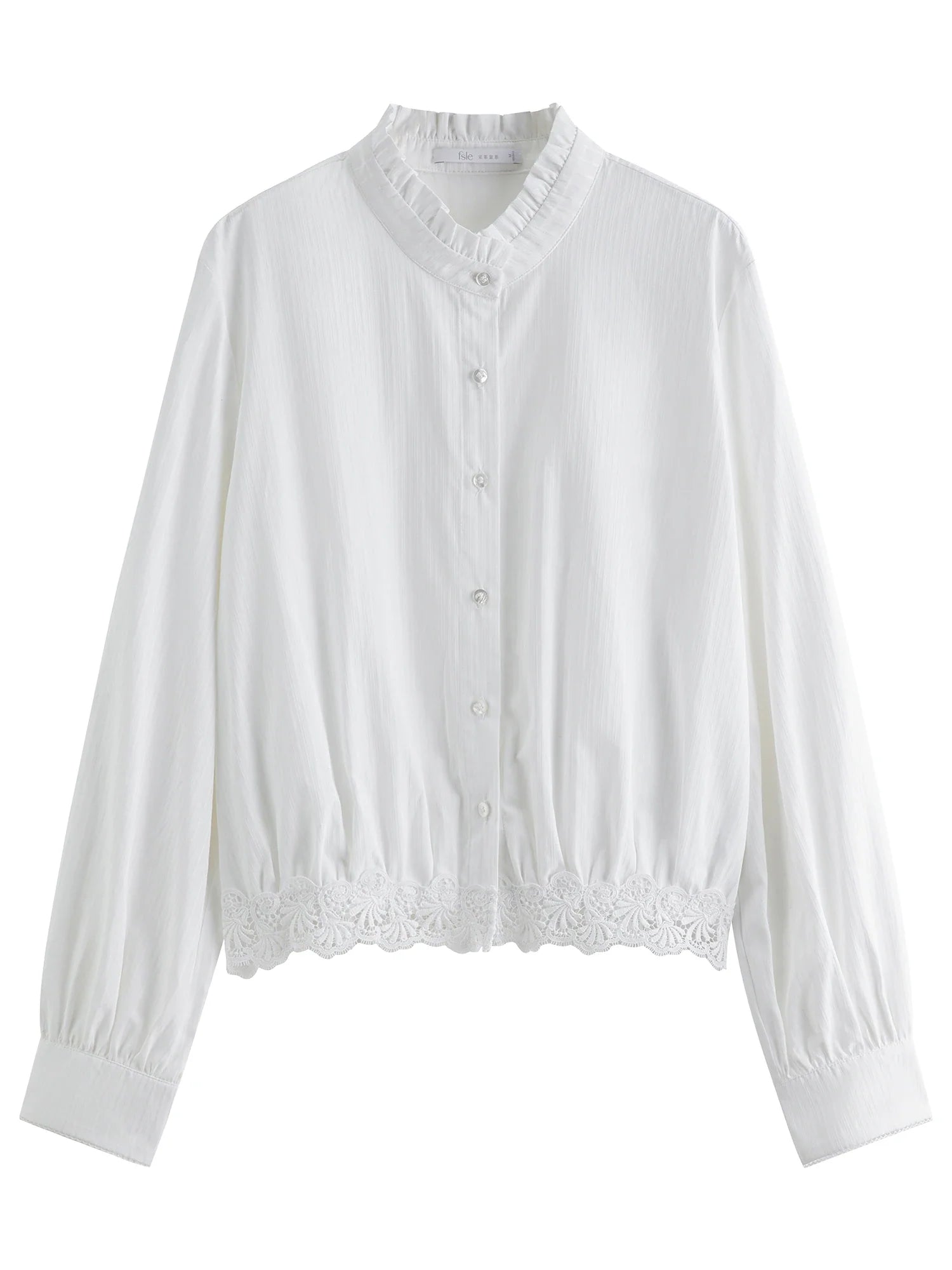 FSLE White Sweet Lace Stitching Shirt Women Autumn 2025 New Long-sleeved Stand-up Collar White Shirt 25FS13180