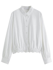 FSLE White Sweet Lace Stitching Shirt Women Autumn 2025 New Long-sleeved Stand-up Collar White Shirt 25FS13180