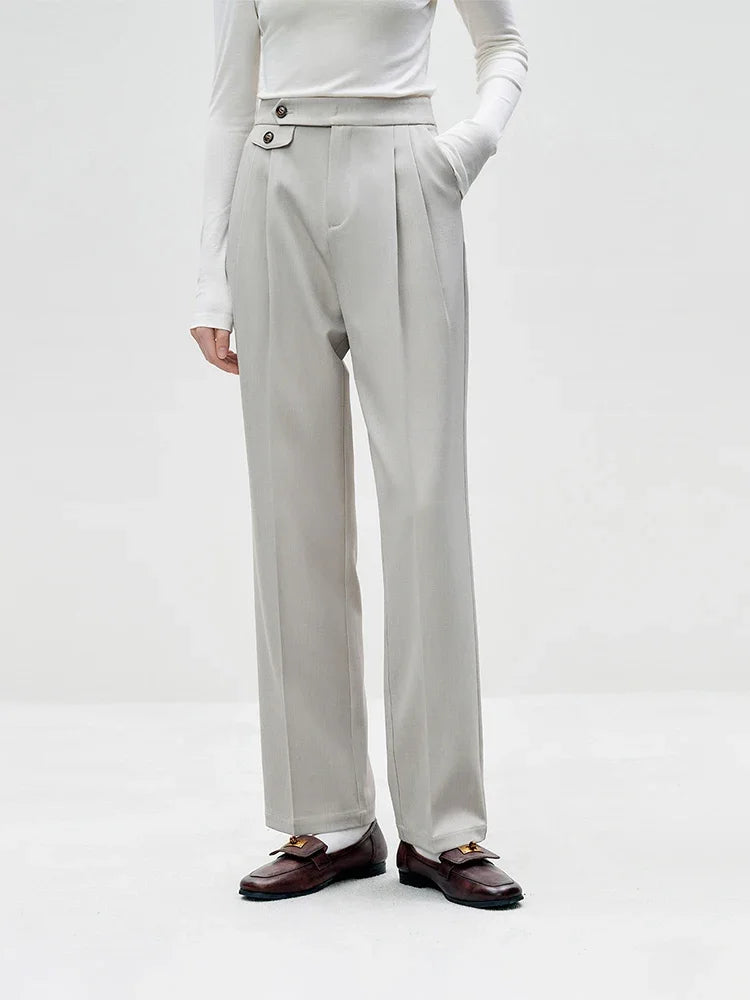FSLE All-match Commuter Style Simple Sense Straight-leg Trousers for Women Waist Design Autumn New Inverted Pleated Pants Female