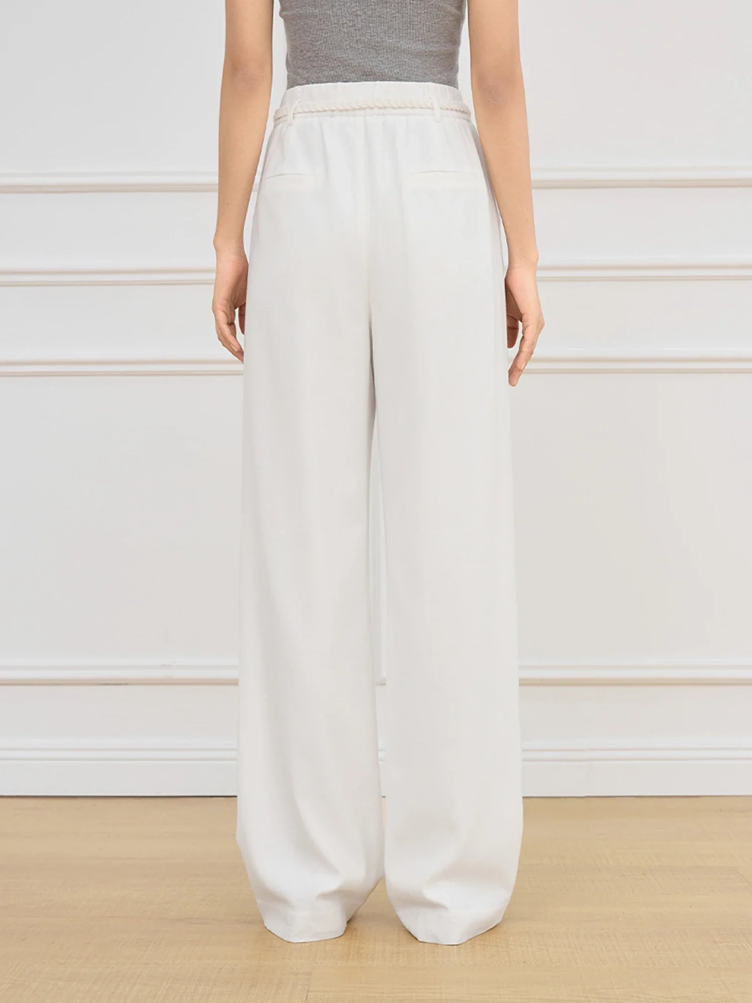 FSLE Women Beige Long Trouser 2025 Spring High Waist Casual Simple Wide Leg Trousers Sashes Design Female Pants 25FS11257