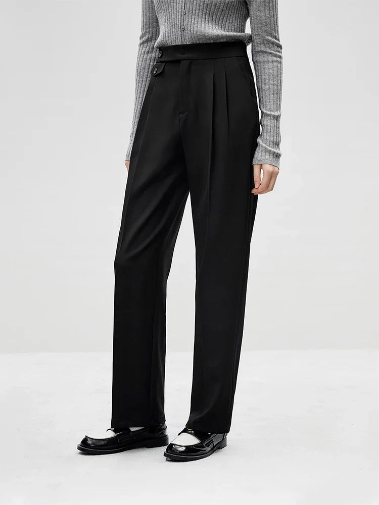 FSLE All-match Commuter Style Simple Sense Straight-leg Trousers for Women Waist Design Autumn New Inverted Pleated Pants Female