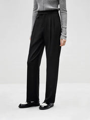 FSLE All-match Commuter Style Simple Sense Straight-leg Trousers for Women Waist Design Autumn New Inverted Pleated Pants Female