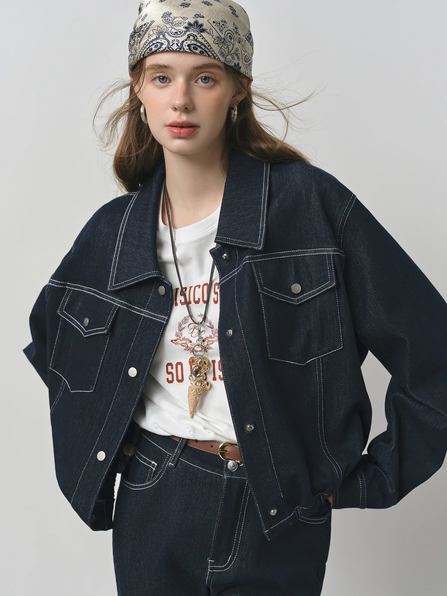 FSLE 2025 New Arrival Women Denim Versatile Classic Retro Hem Cowhide Jacket 2025 Autumn New Short Chic Vintage Jacket 25FS13142