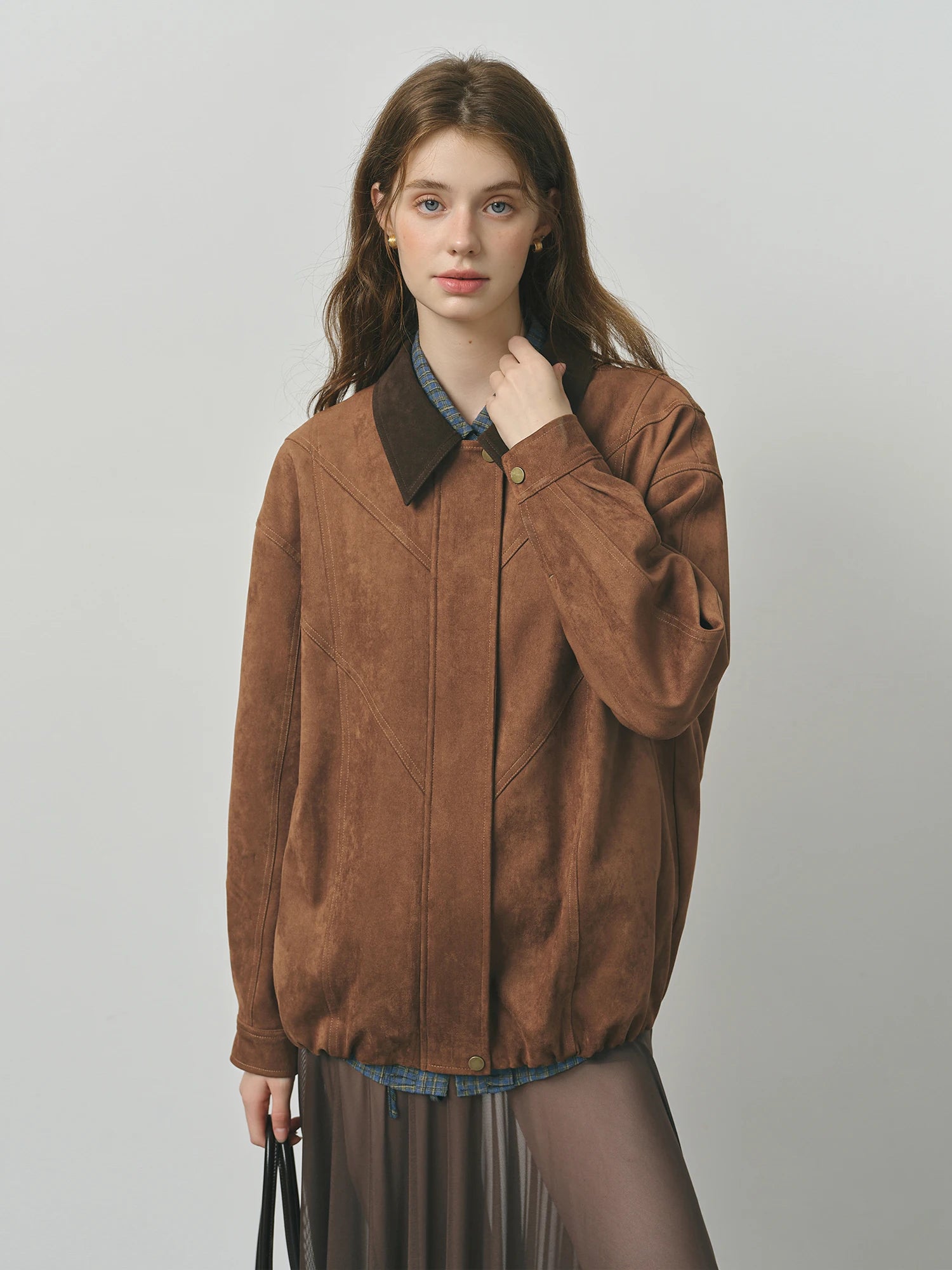FSLE Retro Style Maillard Suede Long Sleeves Jacket for Women 2025 Autumn New Arrival Contrast Color Lapel Chic Coat 25FS13162