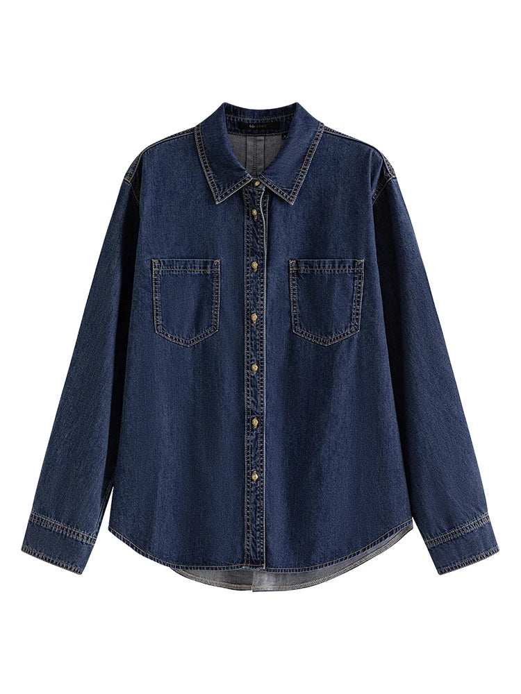 FSLE Deep Blue Soft Denim Shirt Women's Autumn Winter Long Sleeved Retro Casual Layered Shirt Blue Women Tops For Work