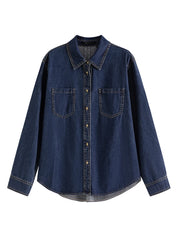 FSLE Deep Blue Soft Denim Shirt Women's Autumn Winter Long Sleeved Retro Casual Layered Shirt Blue Women Tops For Work