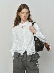 FSLE White Sweet Lace Stitching Shirt Women Autumn 2025 New Long-sleeved Stand-up Collar White Shirt 25FS13180