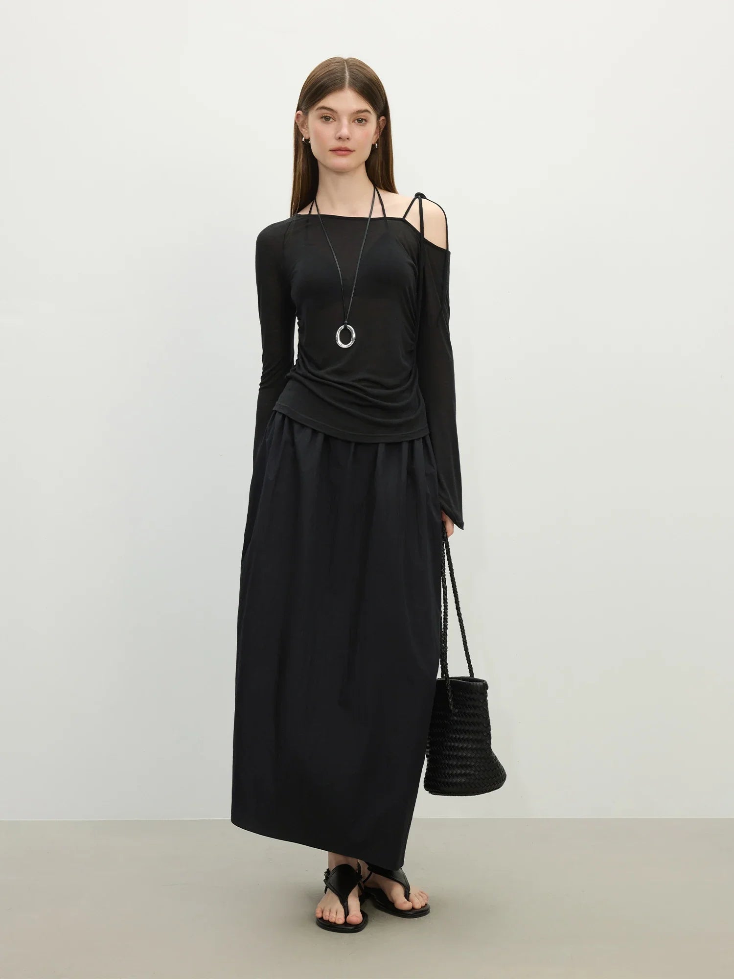 FSLE 2025 Summer Women's Off-Shoulder Top - Tencel-Acetate Linen Blend & Adjustable Tie for Sun Protection Chic Tee