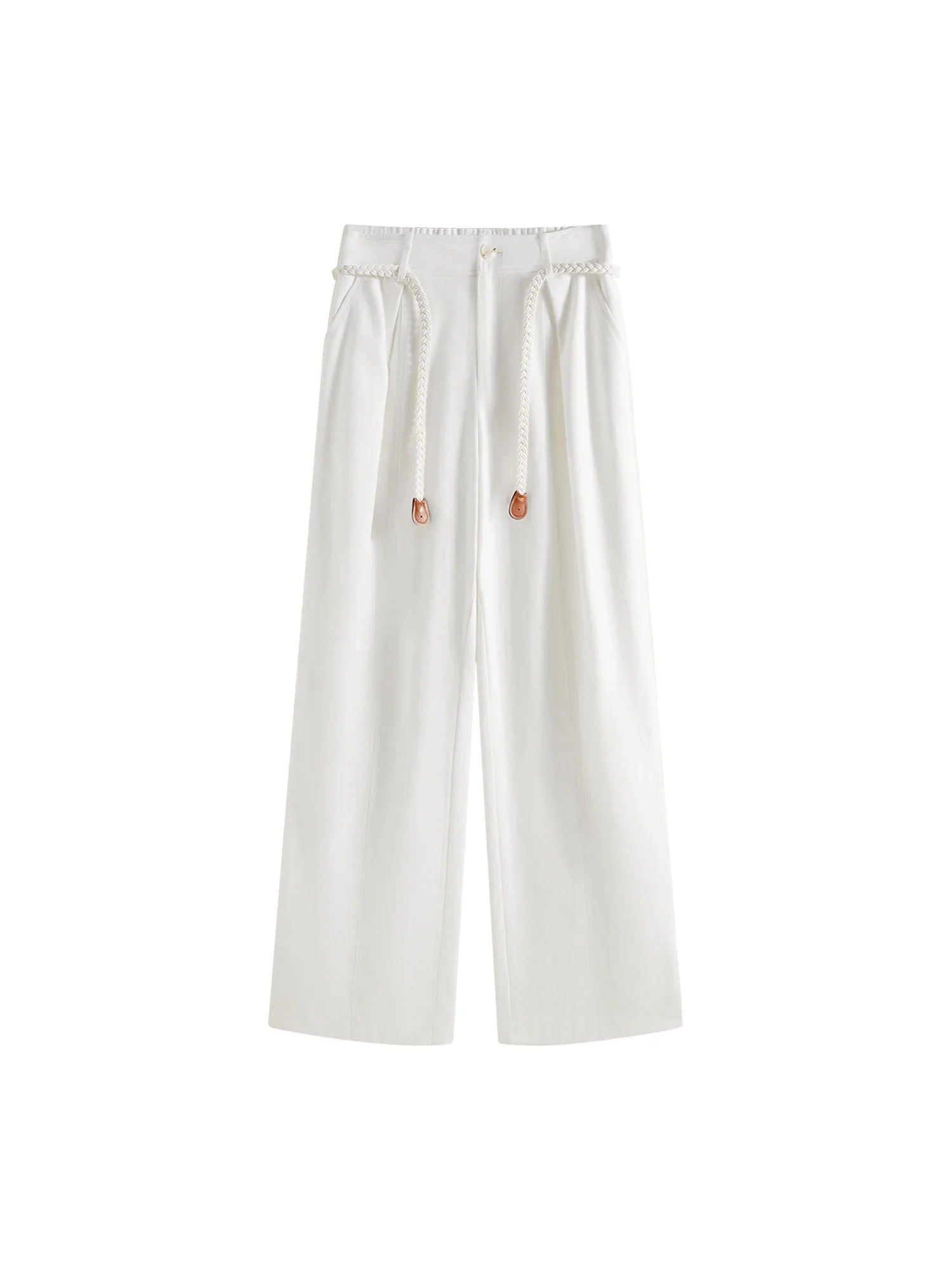 FSLE Women Beige Long Trouser 2025 Spring High Waist Casual Simple Wide Leg Trousers Sashes Design Female Pants 25FS11257