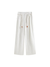 FSLE Women Beige Long Trouser 2025 Spring High Waist Casual Simple Wide Leg Trousers Sashes Design Female Pants 25FS11257