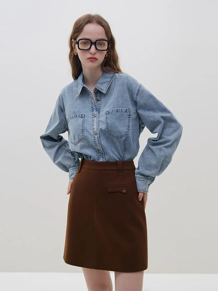 FSLE Deep Blue Soft Denim Shirt Women's Autumn Winter Long Sleeved Retro Casual Layered Shirt Blue Women Tops For Work