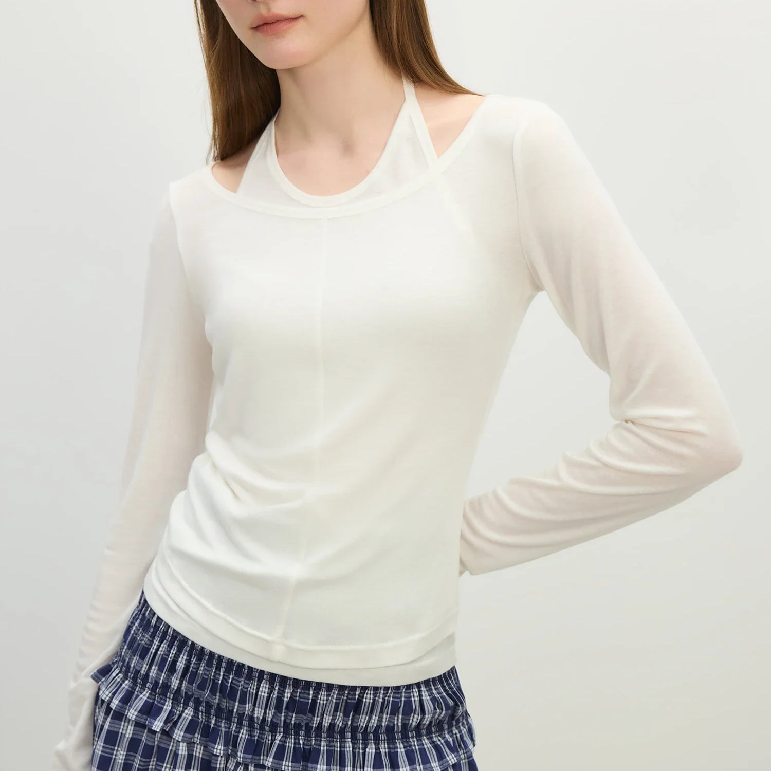 FSLE Fake Two-Piece Halter Neckline Long Sleeves Women T-Shirt 2025 Summer New Design Stylish Design with Wool Shirts 25FS12526