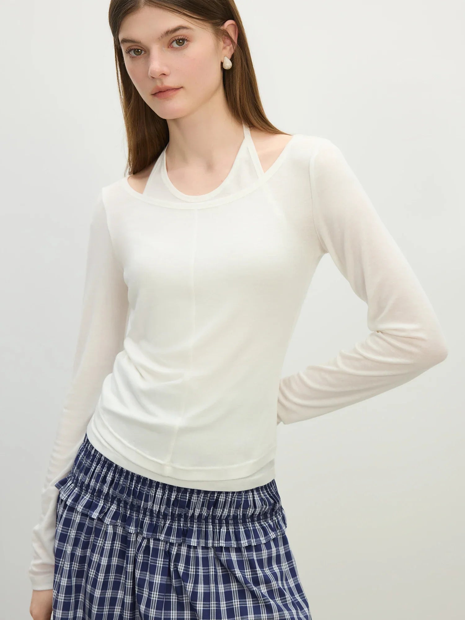 FSLE Fake Two-Piece Halter Neckline Long Sleeves Women T-Shirt 2025 Summer New Design Stylish Design with Wool Shirts 25FS12526