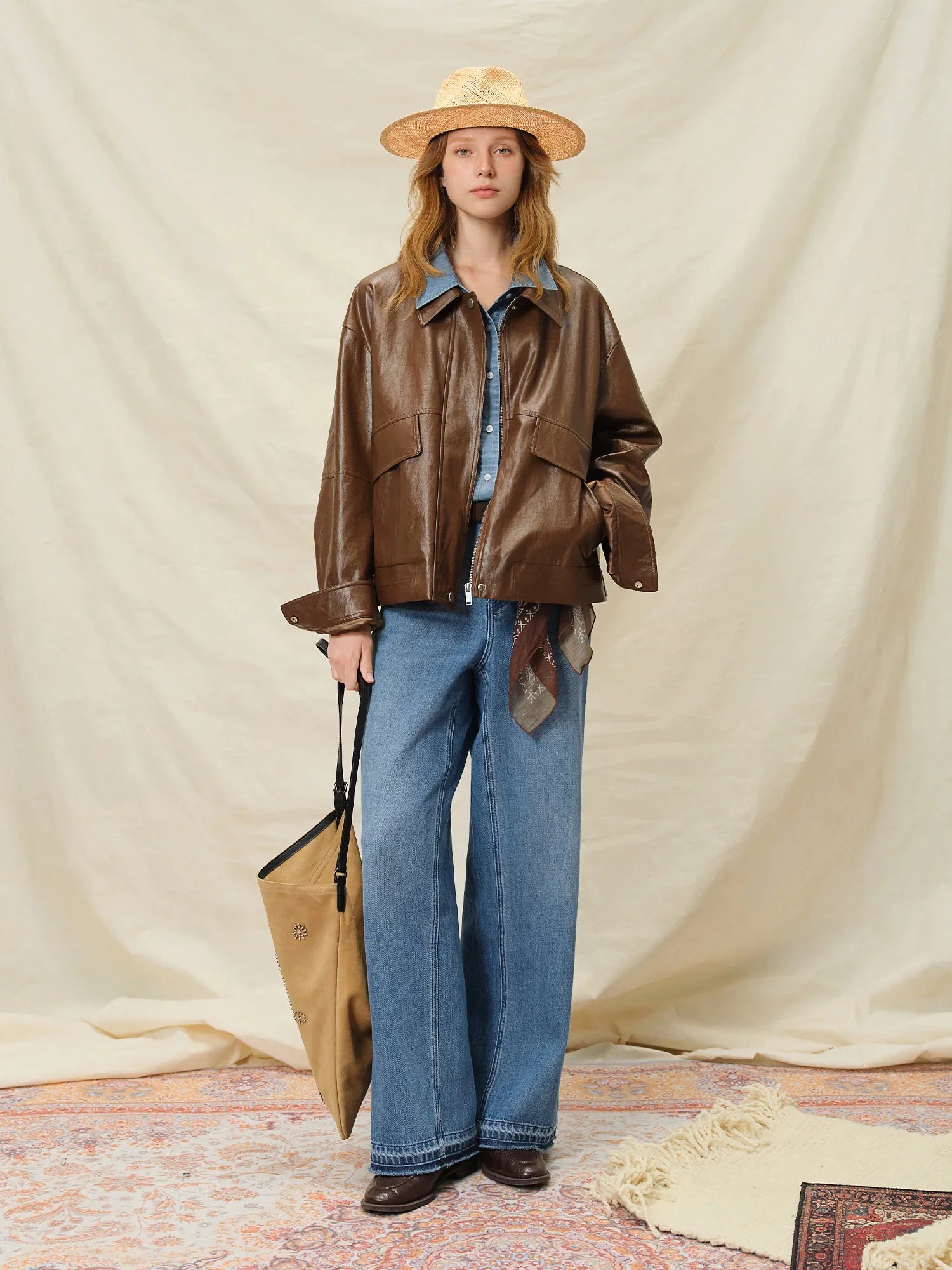 ​DUSHU Retro Edgy Vibe 2025 Women's Two-Tone Faux Leather Jacket - Vintage Inspired Cropped Biker Coat for Office Casual