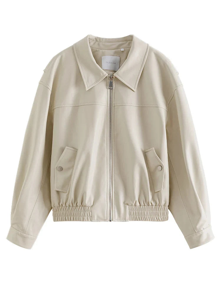 DUSHU Classic Jacket Leather Coat Autumn 2023 New Slim Retro Hong Kong Style Lapel Casual Leather Coat Women Casual Loose Coats