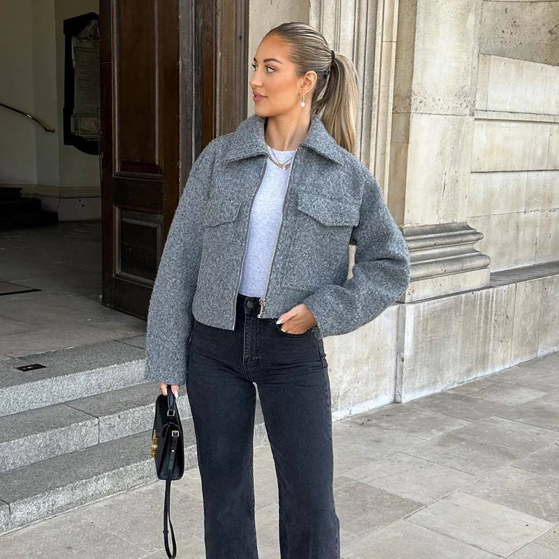 MUJER Tweed Cropped Jackets for Women Zip Bomber Jacket Woman Long Sleeve Jackets Woman 2024 Streetwear New in Coats and Jackets