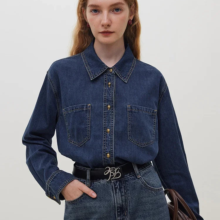 FSLE Deep Blue Soft Denim Shirt Women's Autumn Winter Long Sleeved Retro Casual Layered Shirt Blue Women Tops For Work