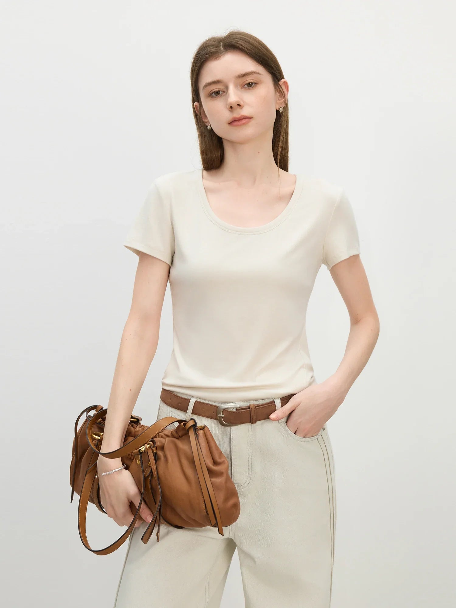 FSLE U-Neck Stretch Short Sleeve T-Shirt for Women - Summer 2025 New Arrival Soft & Relaxed Fit Versatile Top T-Shirt 25FS12552