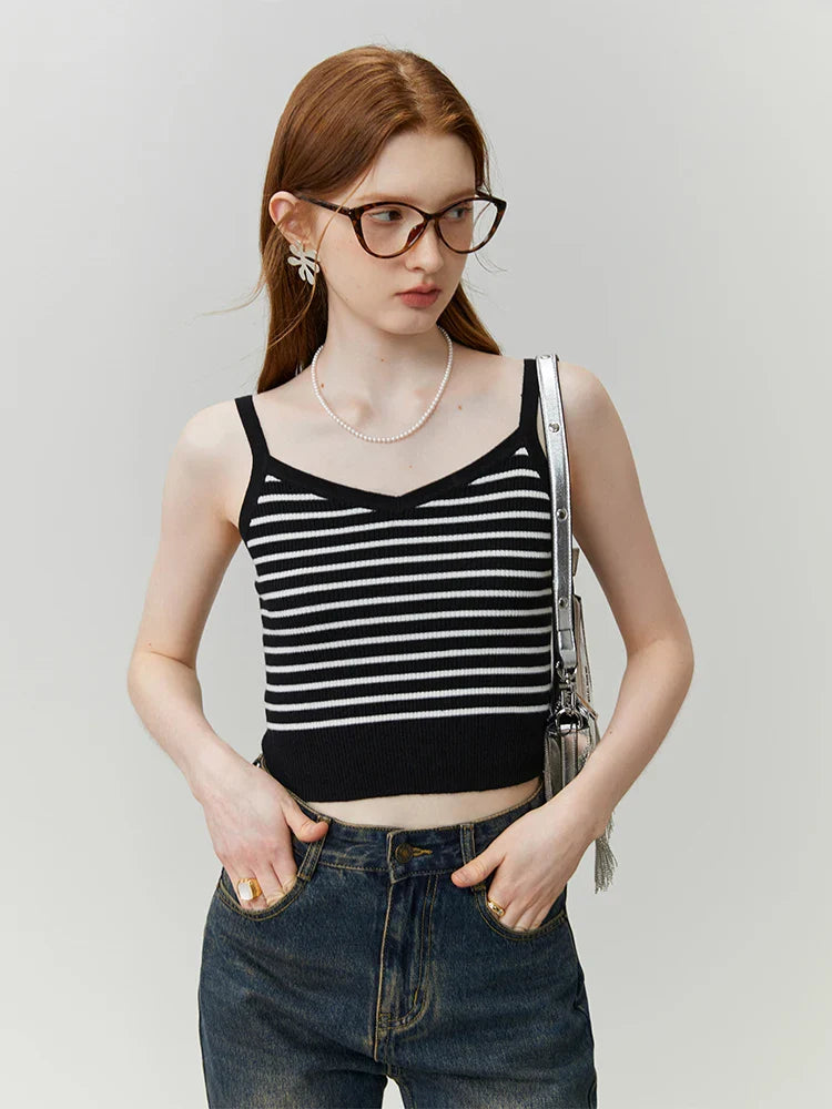 FSLE American Retro Style Striped Camisole for Women 2023 New Autumn Short Slim Casual Sleeveless Knitted Top Tank Female