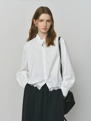 FSLE White Sweet Lace Stitching Shirt Women Autumn 2025 New Long-sleeved Stand-up Collar White Shirt 25FS13180