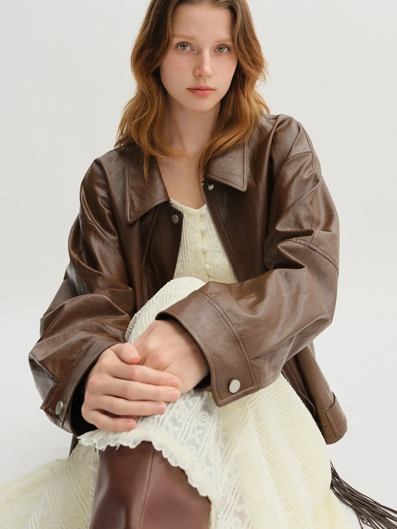 ​DUSHU Retro Edgy Vibe 2025 Women's Two-Tone Faux Leather Jacket - Vintage Inspired Cropped Biker Coat for Office Casual